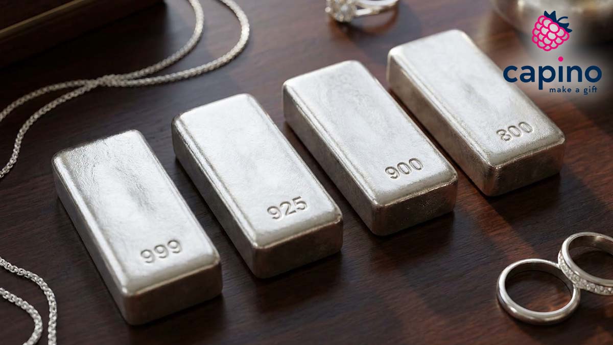главно снимка на сребърни кюлчета с изобразена различна проба на среброто 999, 925, 900, 800